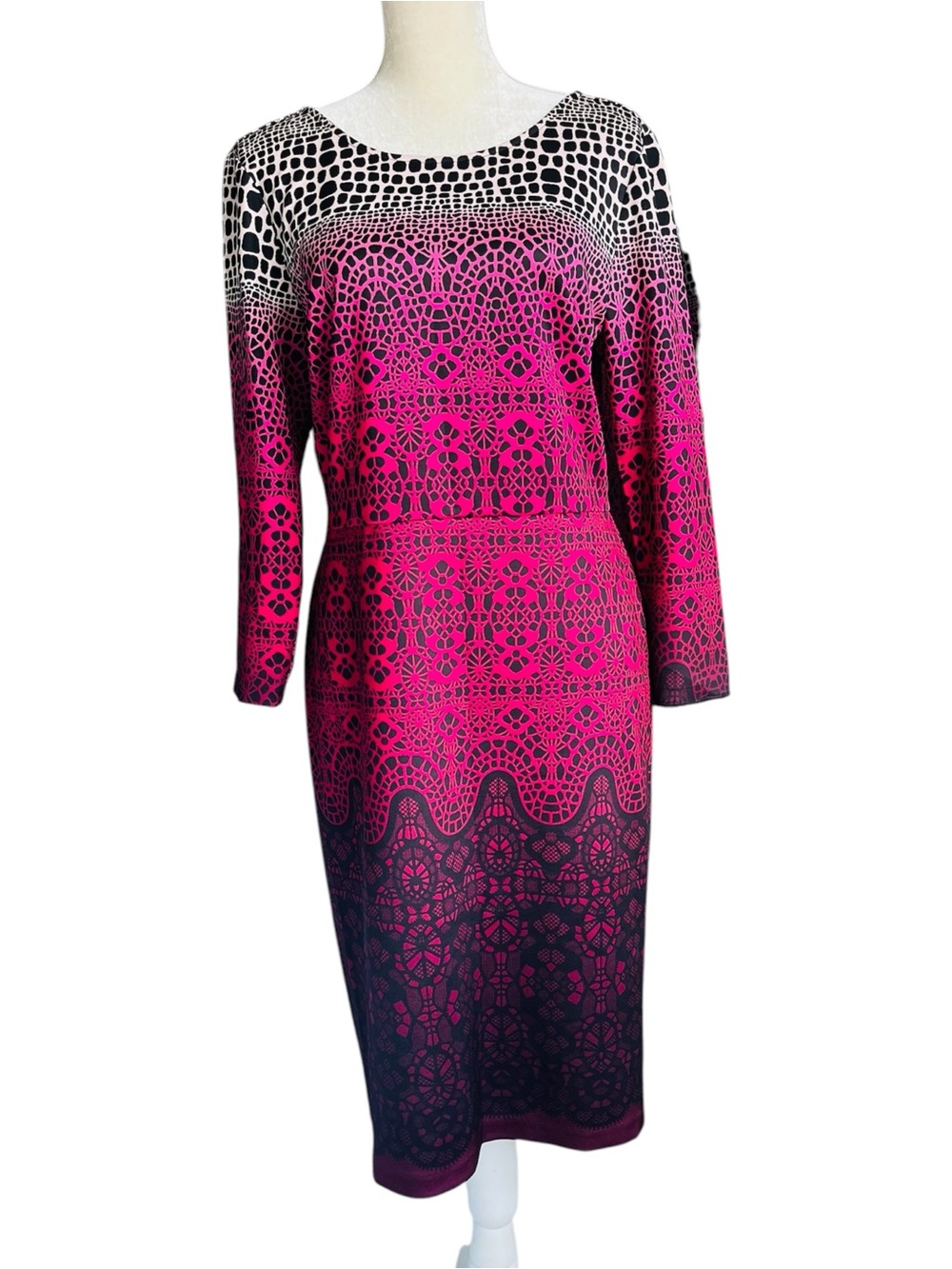 Beige Pink Black Geometric Print Sheath Dress Size 12 L Stretch Midi Dress